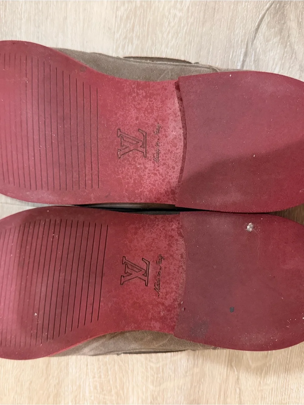 Louis Vuitton Men’s Suede Boat Shoes in Taupe with Red Soles
